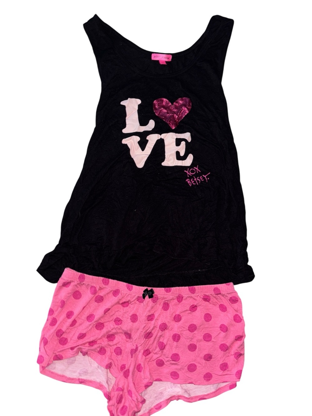 3/$25 Betsey Johnson Black Tank with Pink  Polka Dot Shorts pyjamas